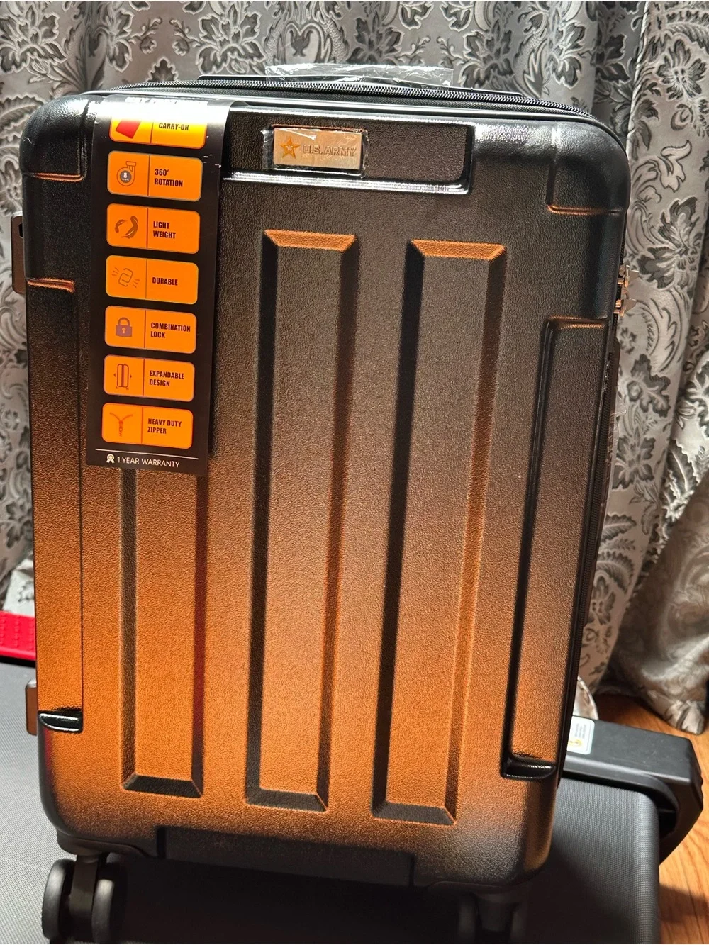 U.S. Army Hard-Shell Carry-On Suitcase in Black and Orange Accent 20”